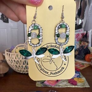 Erika Kelly Apparel Emerald Green and Silver dragonfly Earrings Upcycled